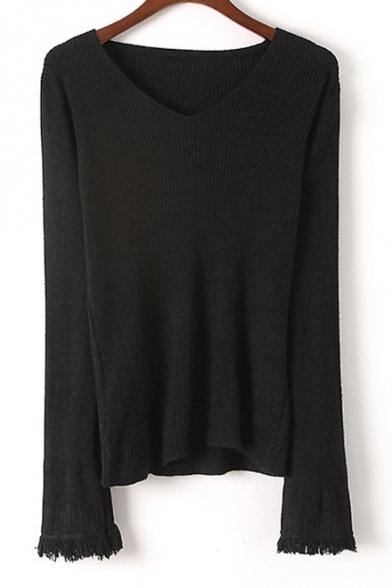 Chic Tassel Long Sleeve V-Neck Plain Pullover Sweater