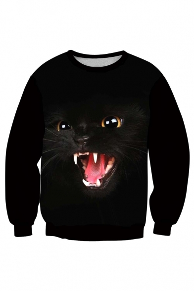 Digital Black Cat Printed Round Neck Long Sleeve Pullover Sweatshirt