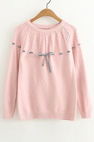 Drawstring Front Bow Detail Long Sleeve Round Neck Plain Pullover Sweater