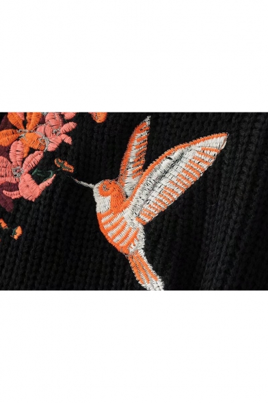 Embroidery Bird Floral Pattern Round Neck Long Sleeve Pullover Sweater