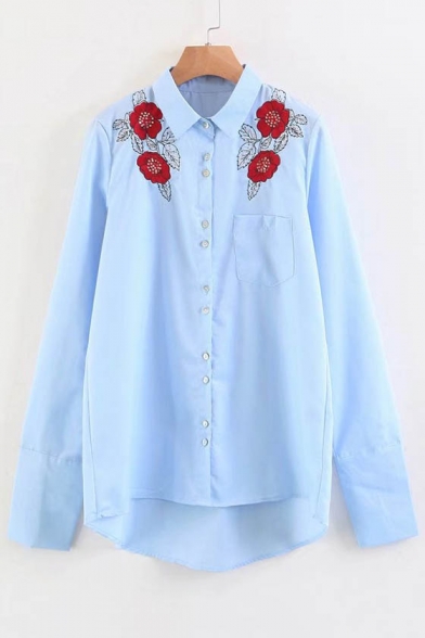 Embroidery Red Floral Pattern Single Breasted Lapel Tunic Shirt