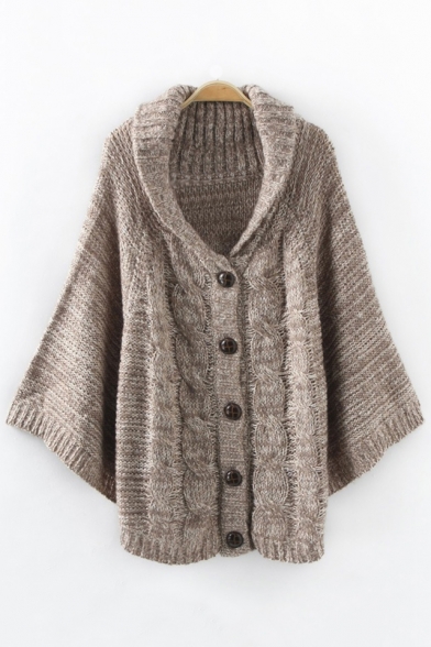 

Fashion Cable Knit Folded Collar Bat-Wing Sleeve Plain Buttons Down Cardigan, LC448641