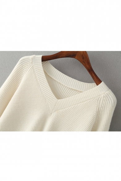 Fashion High Low Hem V Neck Long Sleeve Simple Plain Sweater