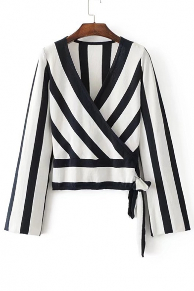 Fashion Wrap V-Neck Striped Color Block Drawstring Hem Long Sleeve Pullover Sweater