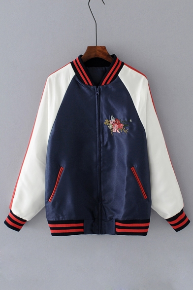 Floral Embroidered Chic Color Block Long Sleeve Zip Up Baseball Jacket