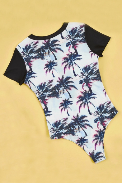 Holiday Beach Coconut Palm Printed Zip Up Short Sleeve One Piece Swimwear