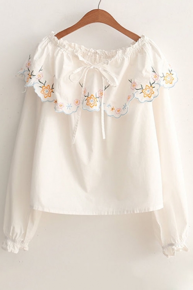 Leisure Embroidery Floral Ruffle Front Long Sleeve Boat Neck Blouse
