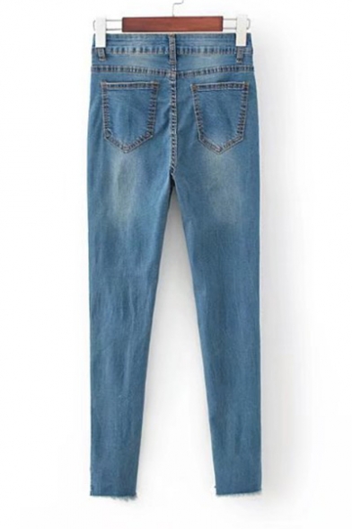 New Arrival Basic Simple Pain Fashion Asymmetrical Hem Skinny Jeans