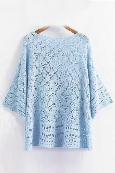 New Fashion Diamond Hollow Out Round Neck 3/4 Sleeve Casual Loose Sweater