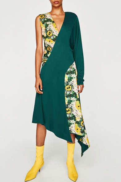 New Fashion V-Neck One Long Sleeve Floral Printed Asymmetric Dress