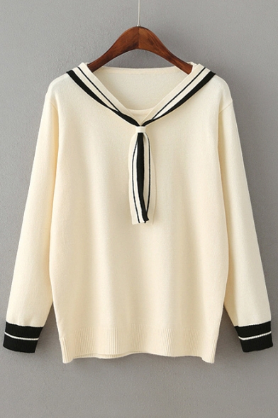 Round Neck Long Sleeve Fashion Bow Tie Front Color Block Sweater