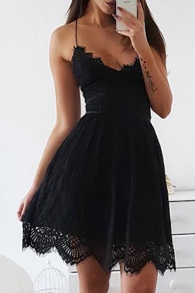 Simple Plain Backless Chic Lace Inserted Mini A-Line Slip Dress