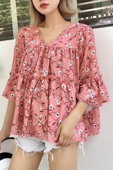 Summer's Fashion Floral Printed V Neck Flared Sleeve Pullover Blouse
