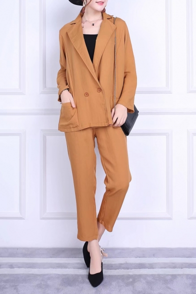 Casual Double Breasted Notched Lapel Long Sleeve Blazer with Elastic Waist Pants Plain Co-Ords