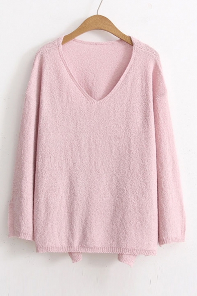 Casual Loose Simple Plain Long Sleeve V Neck Pullover Sweater