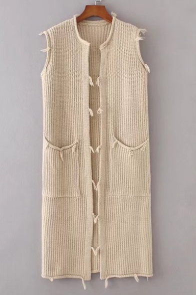 Chic Sleeveless Open Front Plain Tunic Cardigan with Two Pockets