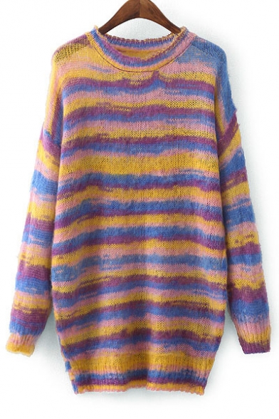 Color Block Striped Long Sleeve Round Neck Tunic Pullover Sweater