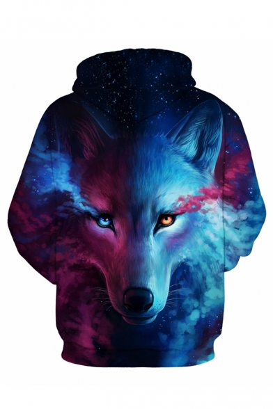 Color Block Wolf 3D Printed Long Sleeve Hoodie Sweatshirt
