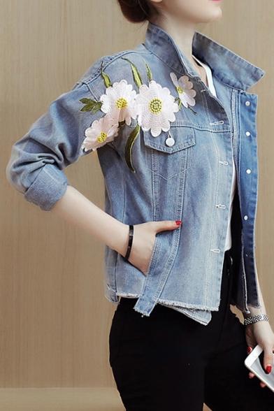 Embroidery Floral Appliqued Pattern Lapel Single Breasted Denim Jacket