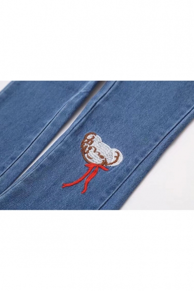 Embroidery Pattern Elastic Waist Women's Leisure Jeans