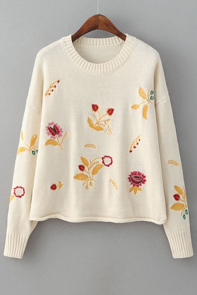 Fall Winter Embroidery Floral Pattern Long Sleeve Round Neck Pullover Sweater
