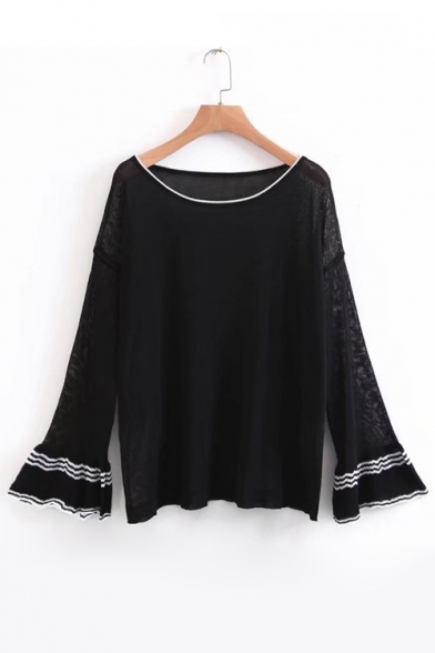 Fashion Color Block Ruffle Long Sleeve Round Neck Pullover Loose Sweater