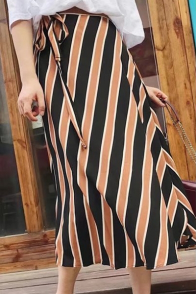 Fashion Color Block Striped Pattern Bow Tied Waist Midi A-Line Skirt