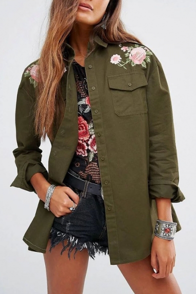 Fashion Floral Embroidered Lapel Collar Long Sleeve Buttons Down Jacket