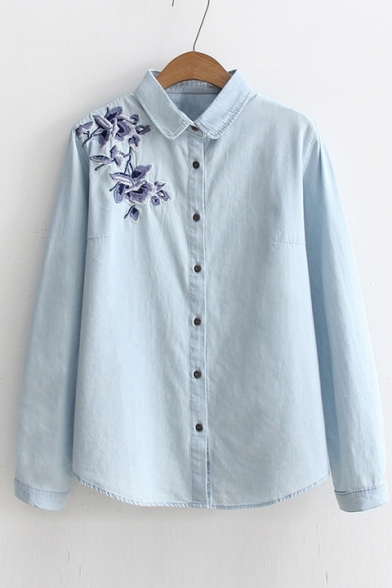 Fashion Floral Embroidered Shoulder Long Sleeve Buttons Down Chambray Shirt