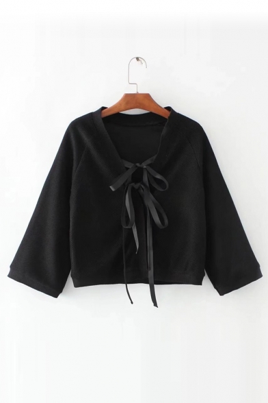 Fashion Lace-Up Bow Tie V Neck Long Sleeve Simple Plain Buttons Down Cardigan