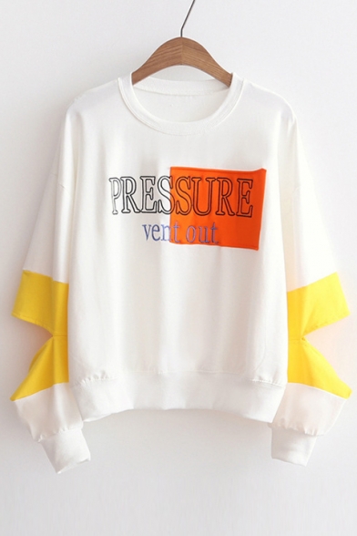 Fashion Letter Printed Color Block Hollow Sleeve Round Neck Sweatshirt
