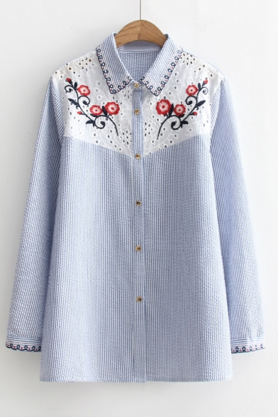 Hollow Out Embroidery Floral Pattern Long Sleeve Lapel Single Breasted Striped Shirt
