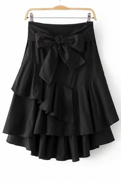 New Arrival Fashion Bow Tie Waist Zip Side Layered Ruffle Hem Plain Midi A-Line Skirt