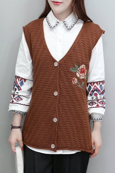 New Arrival Sleeveless Single Breasted V-Neck Embroidery Floral Vest Cardigan