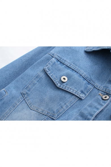 New Stylish Grommet Lace-Up Back Lapel Collar Long Sleeve Buttons Down Denim Jacket