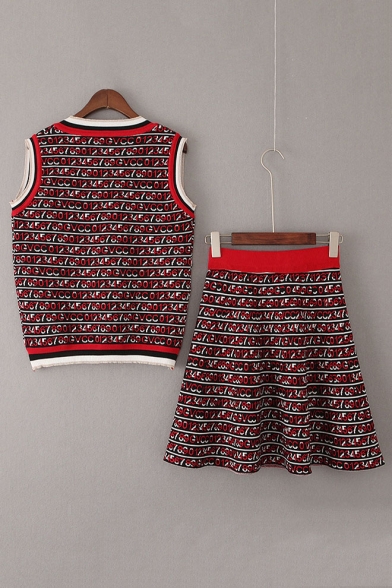 Numbers Printed Color Block V Neck Tank Top with Mini A-Line Skirt Knit Set