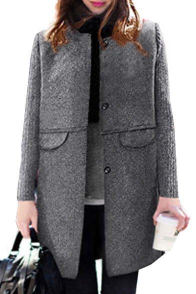 Oversize Fashion Collarless Long Sleeve Single Breasted Plain Tunic Woolen Coat