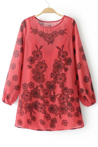 Round Neck Long Sleeve Chic Floral Printed Loose Mini Swing Dress