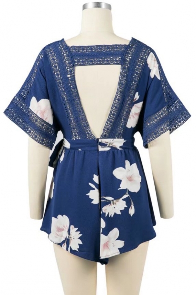 Sexy Plunge V-Neck Short Sleeve Cutout V-Back Floral Printed Rompers
