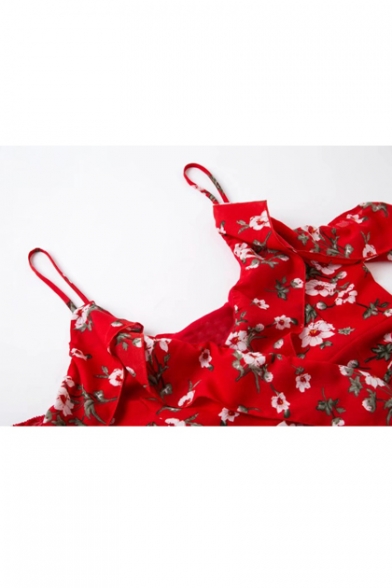 Summer's Beach Floral Printed Spaghetti Straps Cold Shoulder Asymmetrical Dress