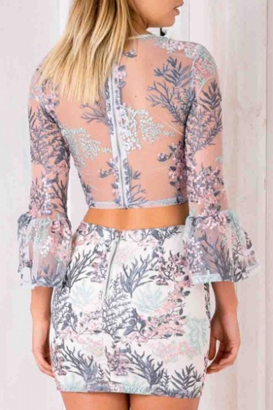 Summer's Chic Floral Pattern Sheer Mesh Round Neck Long Sleeve Crop Top with Mini Bodycon Skirt
