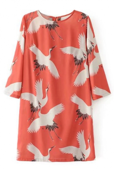 Summer's Round Neck Long Sleeve Crane Pattern Mini Shift Dress