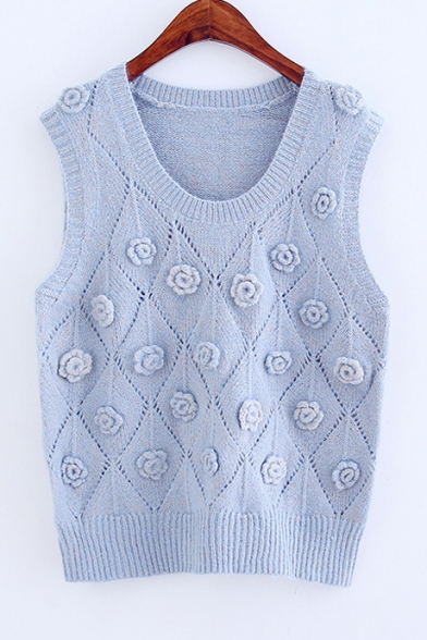 Sweet Lovely Floral Detail Hollow Out Scoop Neck Sleeveless Plain Sweater
