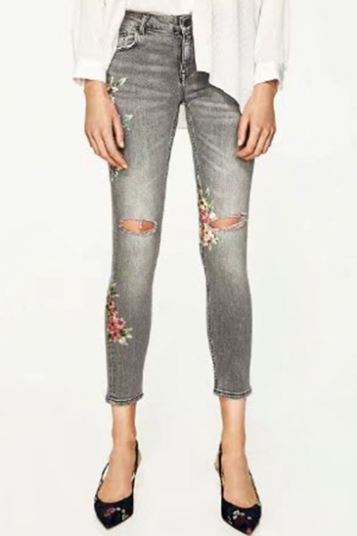 Women's Floral Printed Cutout Knees Gray Skinny Jeans