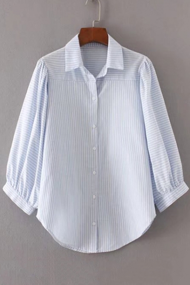 3/4 Length Sleeve Lapel Single Breasted Striped Shirt