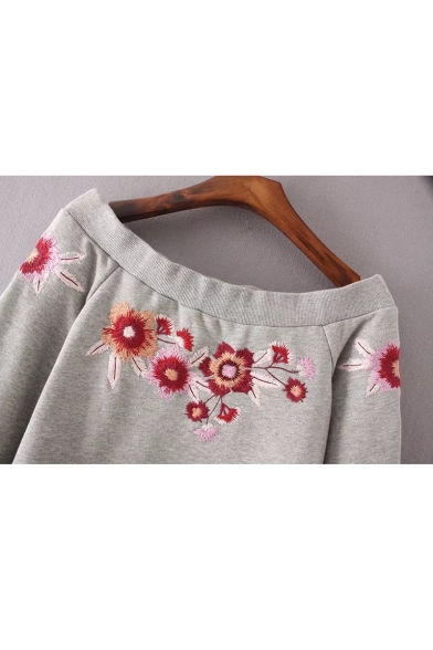 Boat Neck Long Sleeve Fashion Floral Embroidered Cropped Sweatshirt