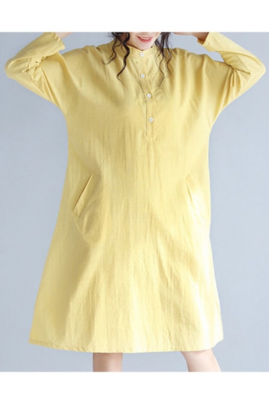Casual Long Sleeve Button Detail Round Neck Midi Plain Shirt Dress