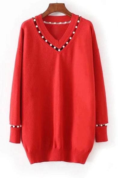 Chic Pearl Embellished Hollow Out V Neck Long Sleeve Plain Tunic Sweater