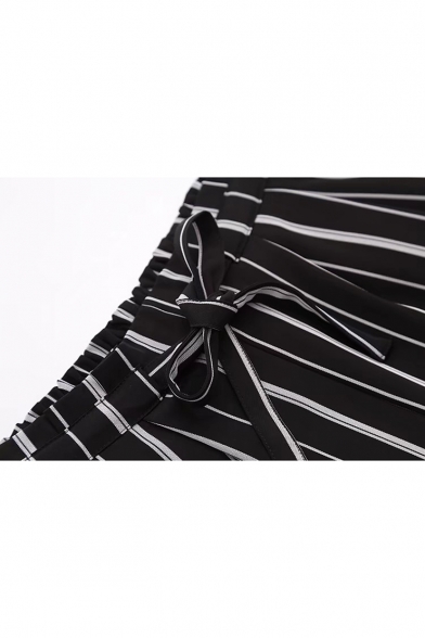 Classic Striped Printed Elastic Drawstring Waist Loose Culottes Shorts