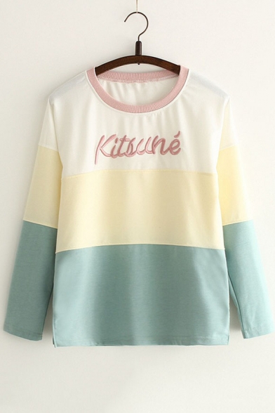 Embroidery Letter Pattern Color Block Pullover Sweatshirt with Round Neck